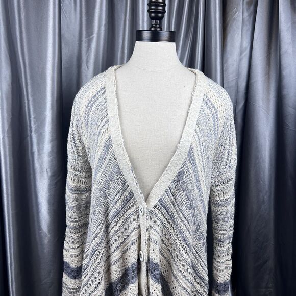 Free People Cardigan Womens M Ivory Blue Asymmetrical Crochet Striped 3‎ Buttons - Picture 4 of 13